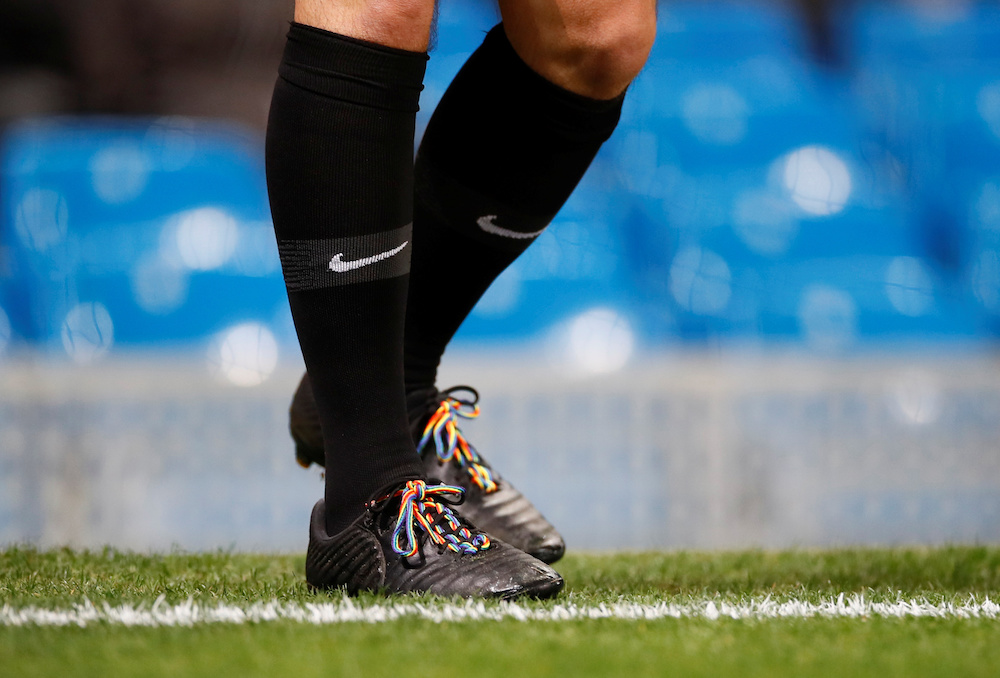 General view of boots with laces in support of the Stonewall Rainbow Laces campaign during the Premier League match between Manchester City and Manchester United at Etihad Stadium in Manchester December 7, 2019. u00e2u20acu201d Action Images pic via Reuters