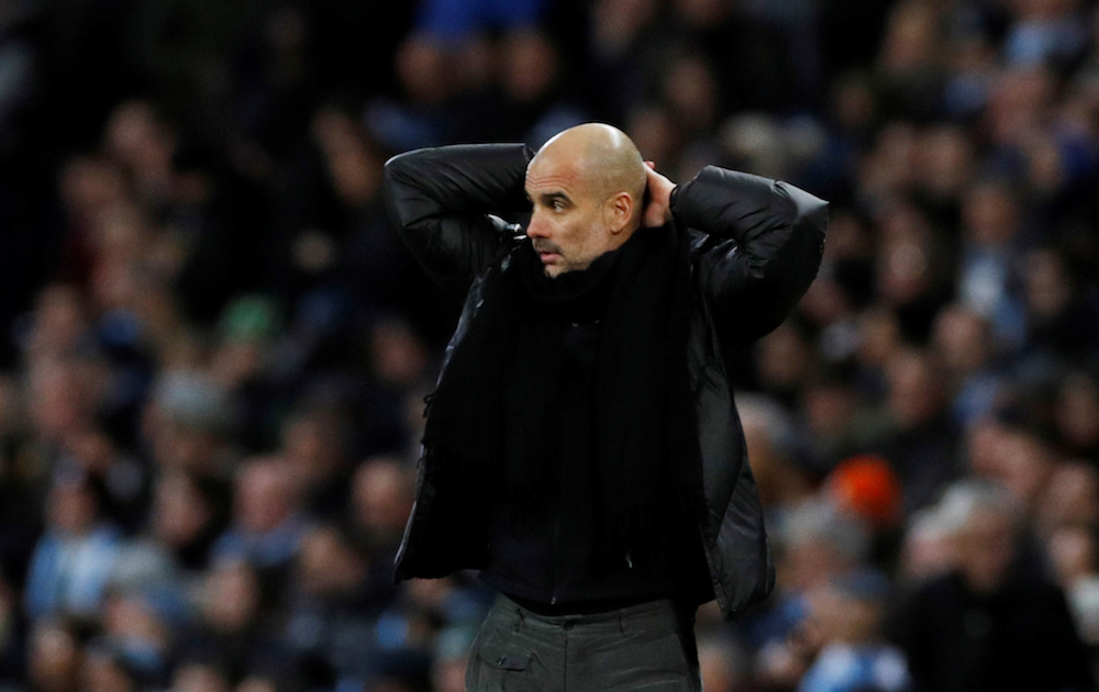 Manchester City manager Pep Guardiola reacts during the Premier League with Manchester United at Etihad Stadium in Manchester December 7, 2019. — Reuters pic