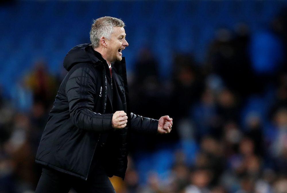 Manchester United manager Ole Gunnar Solskjaer celebrates after the Premier League match with Manchester City at Etihad Stadium in Manchester December 7, 2019. — Action Images pic via Reuters