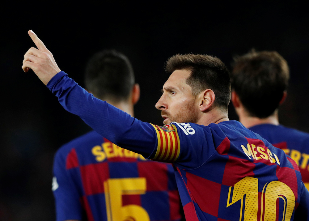 Barcelonau00e2u20acu2122s Lionel Messi celebrates scoring their third goal during the La Liga match with Mallorca at Camp Nou in Barcelona December 7, 2019. u00e2u20acu201d Reuters pic
