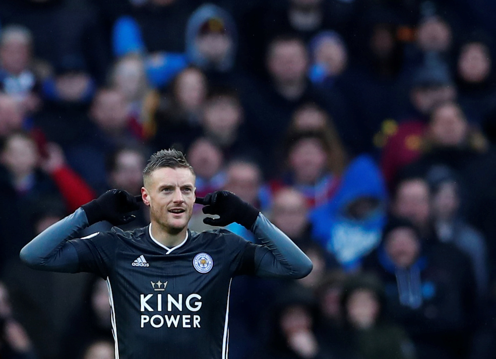 Leicester City’s Jamie Vardy celebrates scoring their first goal during the Premier League match with Aston Villa at Villa Park in Birmingham December 8, 2019. — Reuters pic