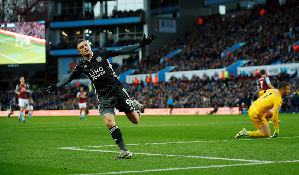 Leicester Cityu00e2u20acu2122s Jamie Vardy celebrates scoring their fourth goal during the Premier League match with Aston Villa at Villa Park in Birmingham December 8, 2019. u00e2u20acu201d Reuters pic