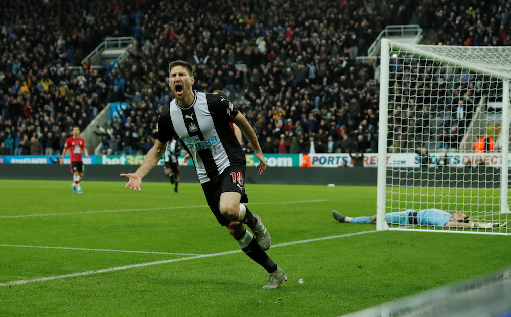 Newcastle Unitedu00e2u20acu2122s Federico Fernandez celebrates scoring their second goal during the Premier League match with Southampton at St Jamesu00e2u20acu2122 Park in Newcastle December 8, 2019. u00e2u20acu201d Action Images pic via Reuters