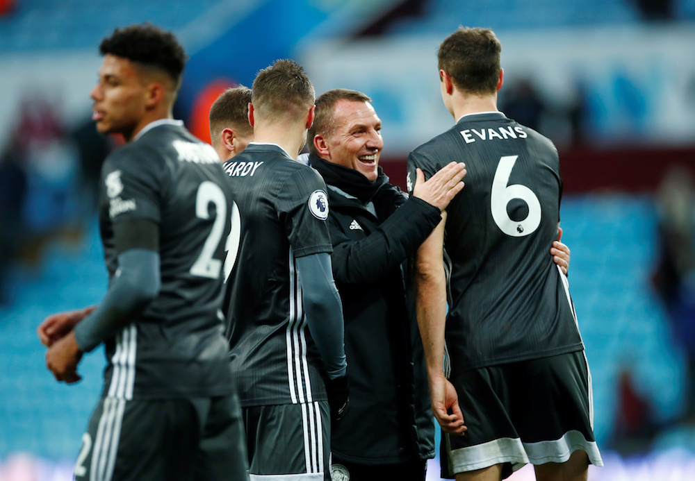 Leicester City manager Brendan Rodgers celebrates with Jonny Evans after the Premier League match with Aston Villa at Villa Park in Birmingham, December 8, 2019. u00e2u20acu201d Reuters pic