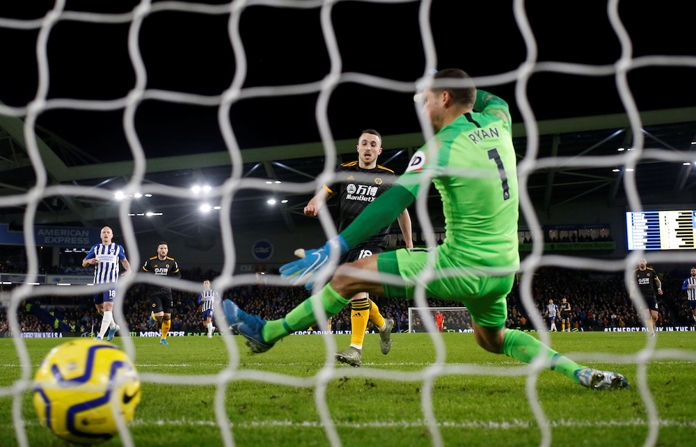 Wolverhampton Wanderersu00e2u20acu2122 Diogo Jota scores their first goal during the Premier League match with Brighton and Hove Albion at The American Express Community Stadium in Brighton December 8, 2019. u00e2u20acu201d Action Images pic via Reuters