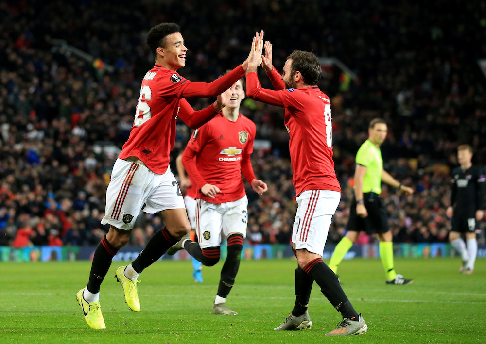 Manchester Unitedu00e2u20acu2122s Mason Greenwood celebrates scoring their fourth goal during the Europa League Group L match with AZ Alkmaar at Old Trafford in Manchester December 12, 2019. u00e2u20acu201d Reuters pic