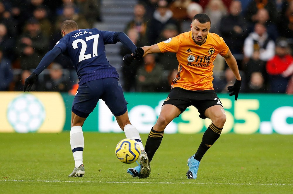Tottenham Hotspur’s Lucas Moura in action with Wolverhampton Wanderers’ Romain Saiss during their Premier League match at Molineux Stadium in Wolverhampton December 15, 2019. — Reuters pic