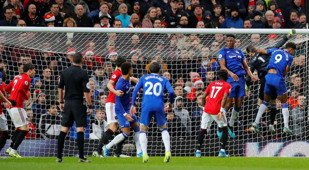 Manchester United’s Victor Lindelof scores an own goal during the Premier League match with Everton at Old Trafford in Manchester December 15, 2019. — Reuters pic