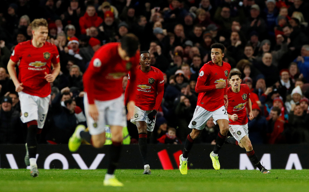 Manchester Unitedu00e2u20acu2122s Mason Greenwood celebrates scoring their first goal with teammates during the Premier League match with Everton at Old Trafford in Manchester December 15, 2019. u00e2u20acu201d Reuters pic
