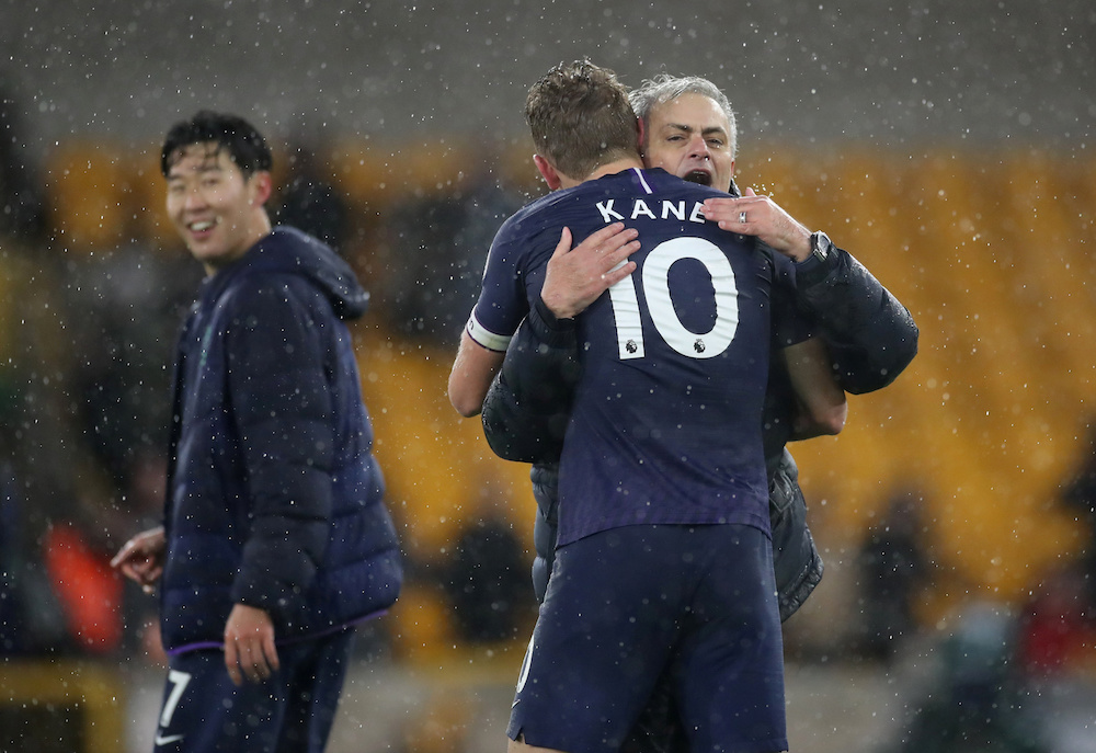 Tottenham Hotspur manager Jose Mourinho and Harry Kane celebrate after the Premier League match with Wolverhampton Wanderers at Molineux Stadium in Wolverhampton December 15, 2019. u00e2u20acu201d Action Images pic via Reuters