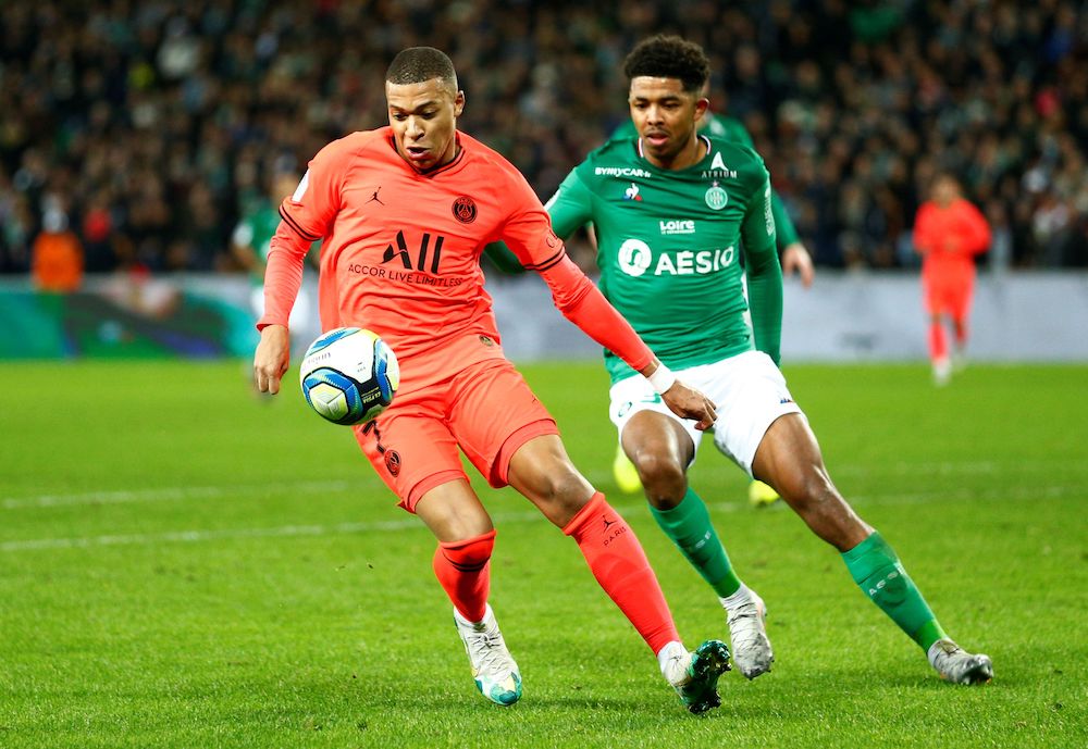 Paris St Germainu00e2u20acu2122s Kylian Mbappe in action with Saint Etienneu00e2u20acu2122s Wesley Fofana during their Ligue 1 match at Stade Geoffroy-Guichard in Saint-Etienne December 15, 2019. u00e2u20acu201d Reuters pic