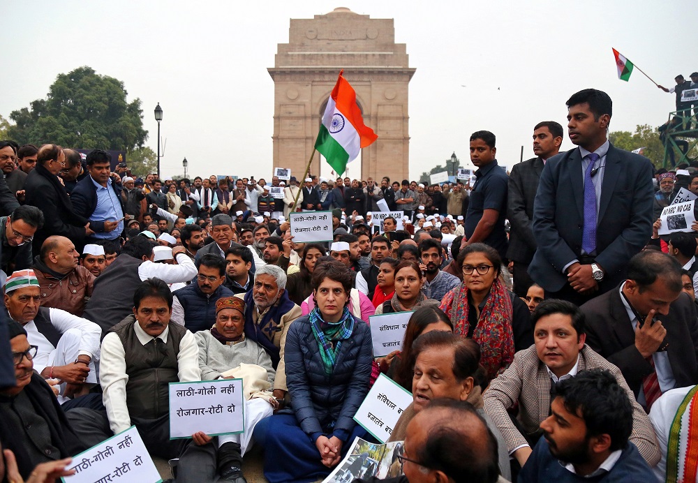 Priyanka Gandhi Vadra, a leader of India's main opposition Congress party, along with her party's supporters attend a protest against a new citizenship law, in front of India Gate war memorial in New Delhi December 16, 2019. u00e2u20acu201d Reuters pic