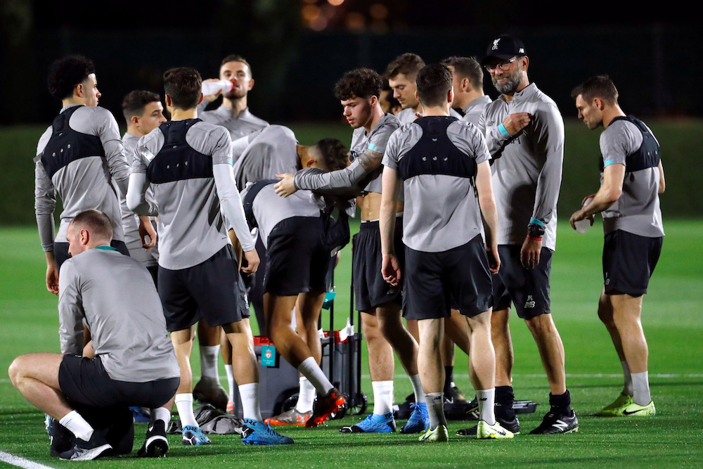 Liverpool manager Jurgen Klopp and his players during training at Qatar University in Doha December 16, 2019. u00e2u20acu201d Reuters pic
