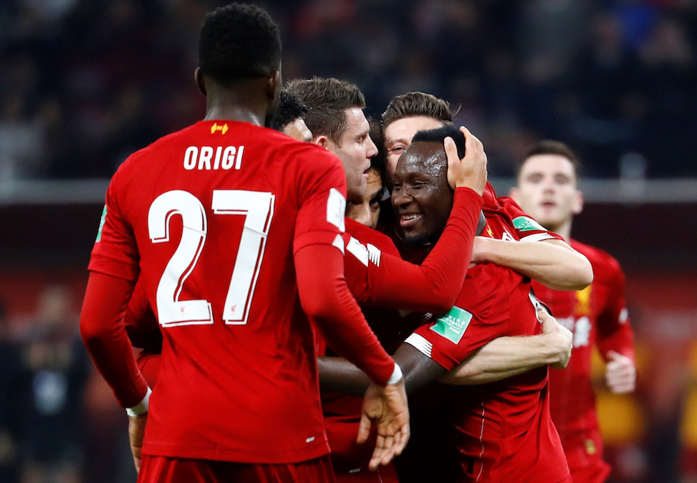 Liverpool’s Naby Keita celebrates scoring their first goal with teammates during the Club World Cup semi-final with Monterrey at Khalifa International Stadium in Doha December 18, 2019. — Reuters pic