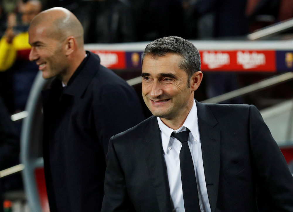 Barcelona coach Ernesto Valverde and Real Madrid coach Zinedine Zidane before the La Liga match at Camp Nou in Barcelona December 18, 2019. u00e2u20acu201d Reuters pic