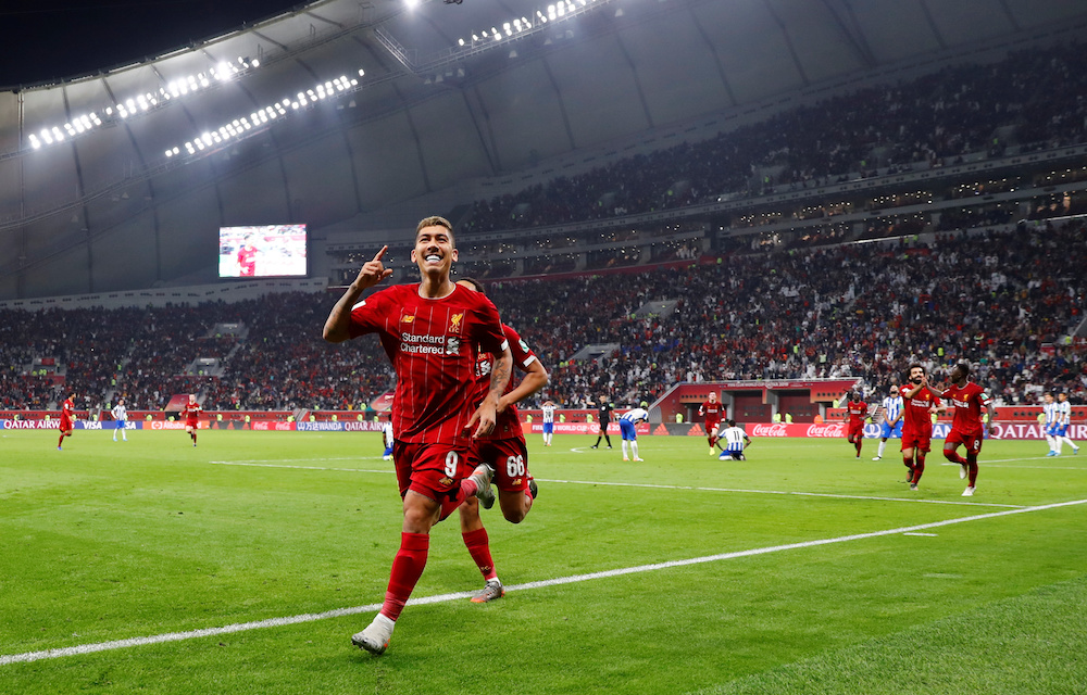 Liverpoolu00e2u20acu2122s Roberto Firmino celebrates scoring their second goal during the Club World Cup semi-final with Monterrey at Khalifa International Stadium in Doha December 18, 2019. u00e2u20acu201d Reuters pic