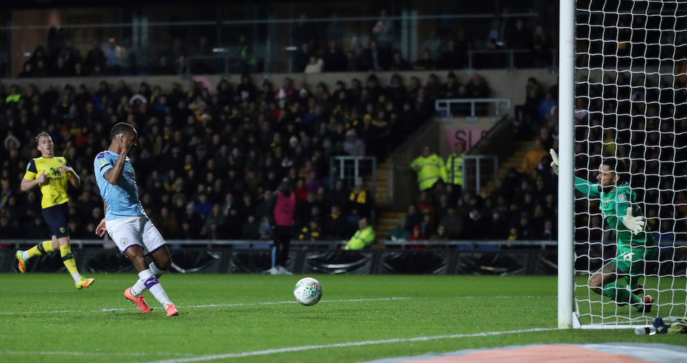 Manchester City’s Raheem Sterling scores their third goal during the Carabao Cup quarter-final with Oxford United at Kassam Stadium in Oxford December 18, 2019. — Reuters pic