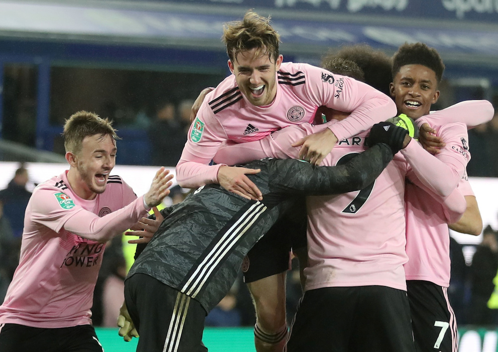 Leicester Cityu00e2u20acu2122s Jamie Vardy celebrates with teammates after winning the penalty shootout during the Carabao Cup quarter-final match with Everton at Goodison Park in Liverpool December 18, 2019. u00e2u20acu201d Action Images pic via Reuters