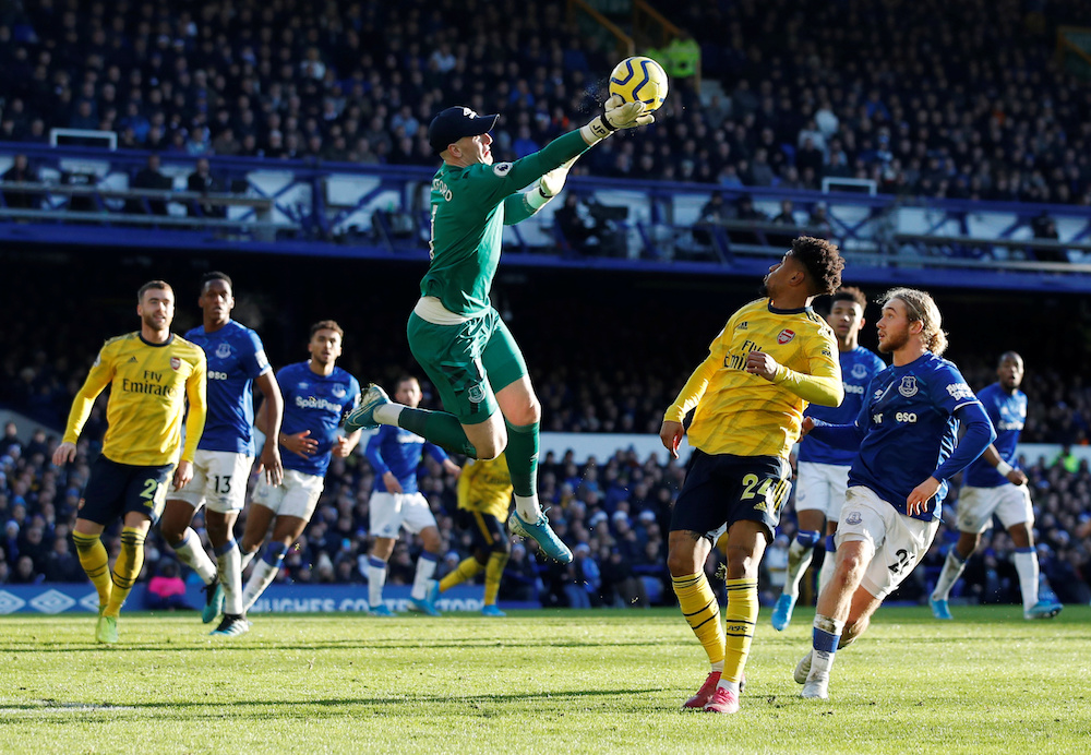 Everton’s Jordan Pickford in action during the Premier League match with Arsenal at Goodison Park in Liverpool December 21, 2019. — Reuters pic