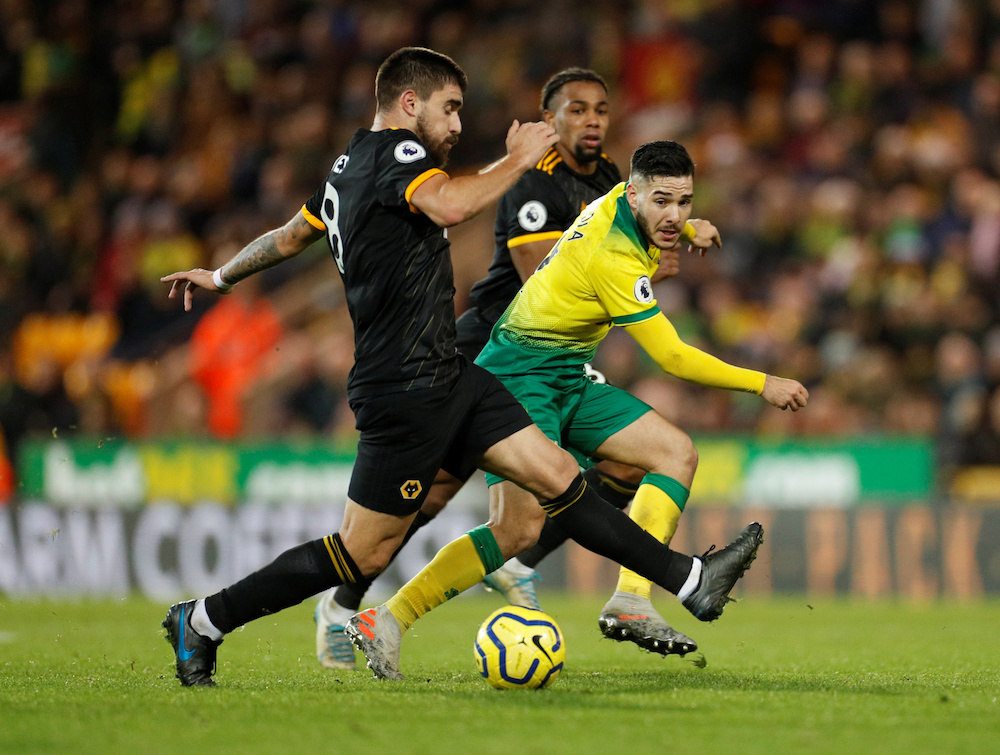 Norwich City’s Emiliano Buendia in action with Wolverhampton Wanderers’ Ruben Neves during their Premier League match at Carrow Road in Norwich December 21, 2019. — Action Images pic via Reuters