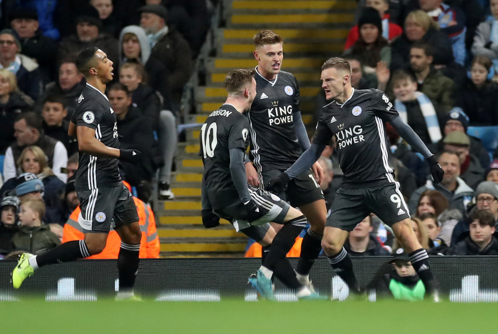 Leicester City’s Jamie Vardy celebrates scoring their first goal with teammates during the Premier League match with Manchester City at Etihad Stadium in Manchester December 21, 2019. — Action Images pic via Reuters