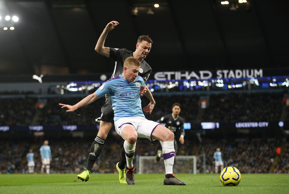 Manchester Cityu00e2u20acu2122s Kevin De Bruyne in action with Leicester Cityu00e2u20acu2122s Jonny Evans during their Premier League match at Etihad Stadium in Manchester December 21, 2019. u00e2u20acu201d Action Images pic via Reuters
