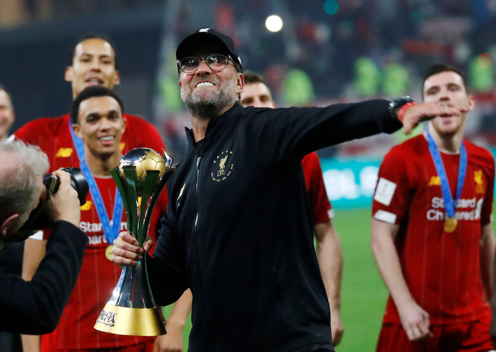 Liverpool manager Jurgen Klopp celebrates with the trophy after winning the Club World Cup Final with Flamengo at Khalifa International Stadium in Doha December 21, 2019. u00e2u20acu201d Reuters pic