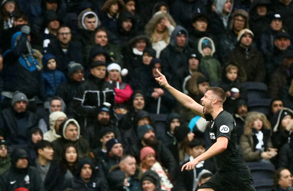 Brighton and Hove Albion’s Adam Webster celebrates scoring their first goal during the Premier League match with Tottenham Hotspur at Tottenham Hotspur Stadium in London December 26, 2019. — Action Images pic via Reuters