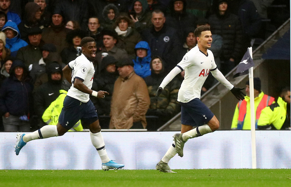 Tottenham Hotspuru00e2u20acu2122s Dele Alli celebrates scoring their second goal during the Premier League match with Brighton and Hove Albion at Tottenham Hotspur Stadium in London December 26, 2019. u00e2u20acu201d Action Images pic via Reuters
