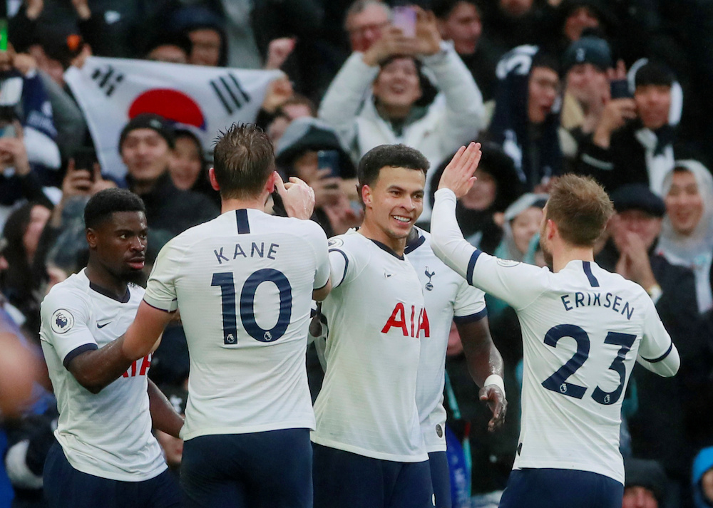 Tottenham Hotspuru00e2u20acu2122s Dele Alli celebrates scoring their second goal with teammates during the Premier League match with Brighton and Hove Albion at Tottenham Hotspur Stadium in London December 26, 2019. u00e2u20acu201d Action Images pic via Reuters