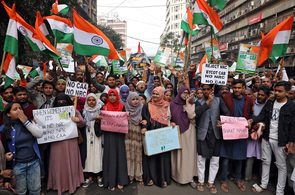 Demonstrators shout slogans during a protest against the National Register of Citizens (NRC) and a new citizenship law, in Kolkata December 27, 2019. — Reuters pic