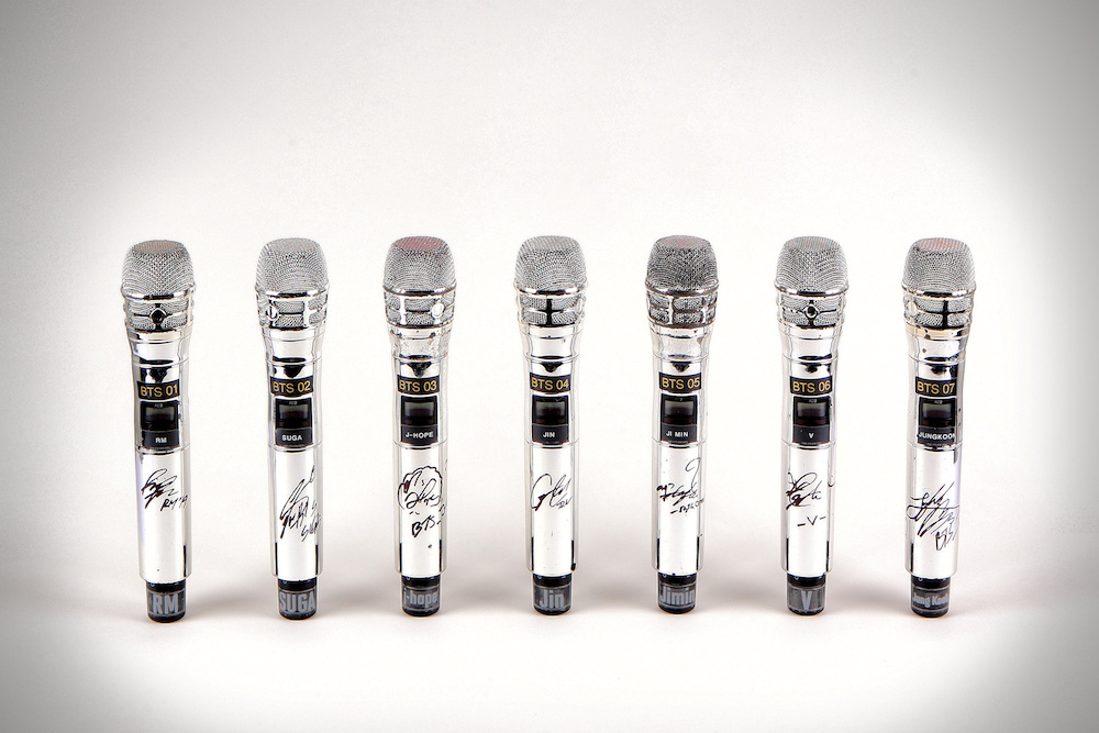 Seven signed microphones used by K-pop boy band BTS, described as the first ever items to come to auction from the band, are seen in an undated photo. — Reuters pic