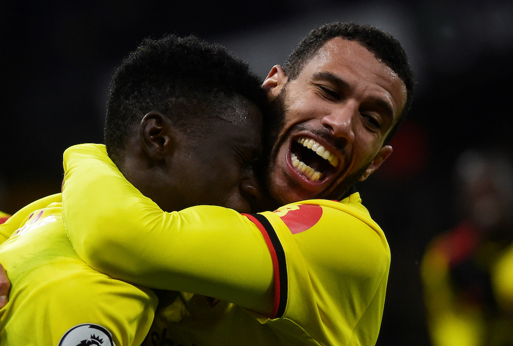 Watford’s Ismaila Sarr celebrates scoring their third goal with teammates during their Premier League match with Aston Villa at Vicarage Road in Watford December 28, 2019. — Reuters pic