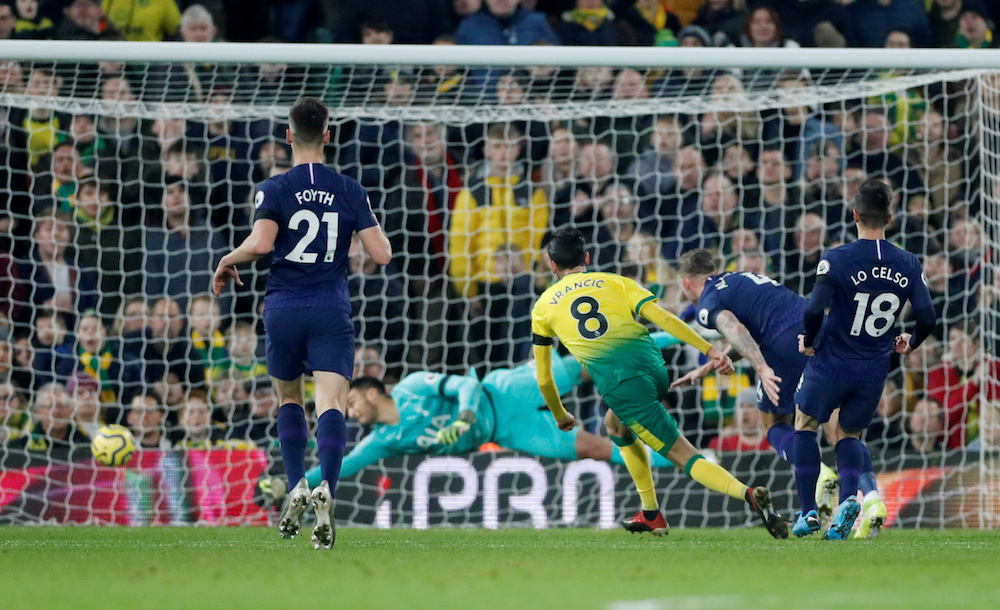 Norwich City’s Mario Vrancic scores their first goal during the Premier League match with Tottenham Hotspur at Carrow Road in Norwich December 28, 2019. — Action Images pic via Reuters