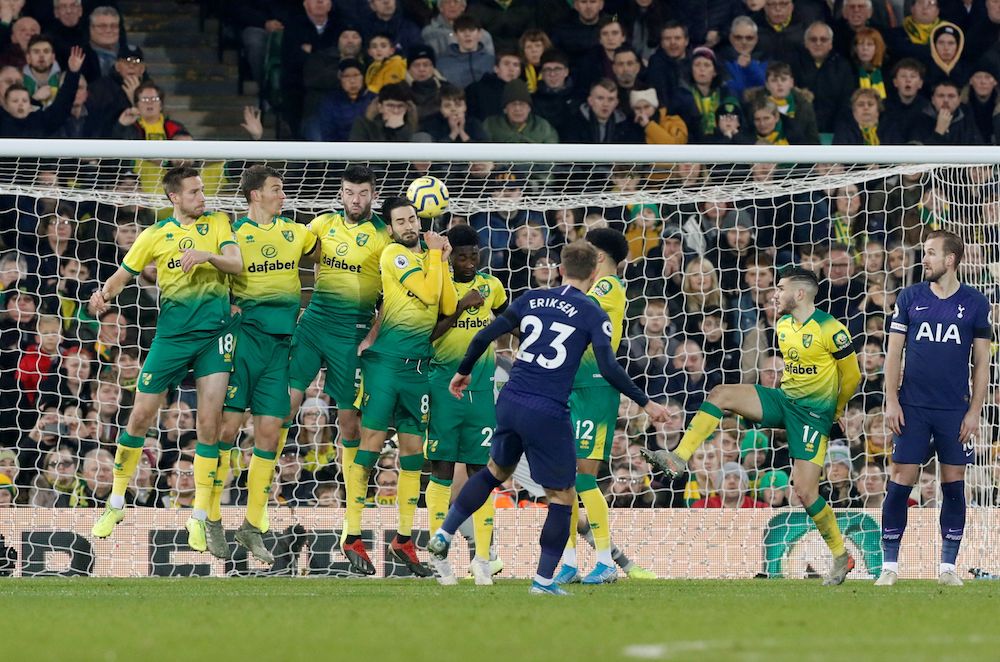 Tottenham Hotspur’s Christian Eriksen scores their first goal from a free kick during their Premier League match with Norwich City at Carrow Road in Norwich December 28, 2019 Action Images pic via Reuters