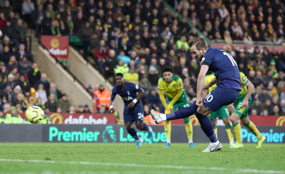 Tottenham Hotspuru00e2u20acu2122s Harry Kane scores their second goal from the penalty spot during the Premier League match with Norwich City at Carrow Road in Norwich December 28, 2019. u00e2u20acu201d Reuters pic