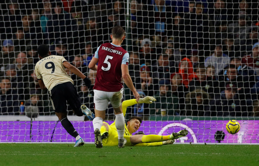 Manchester United’s Anthony Martial scores their first goal during the Premier League match with Burnley at Turf Moor in Burnley December 28, 2019. — Reuters pic