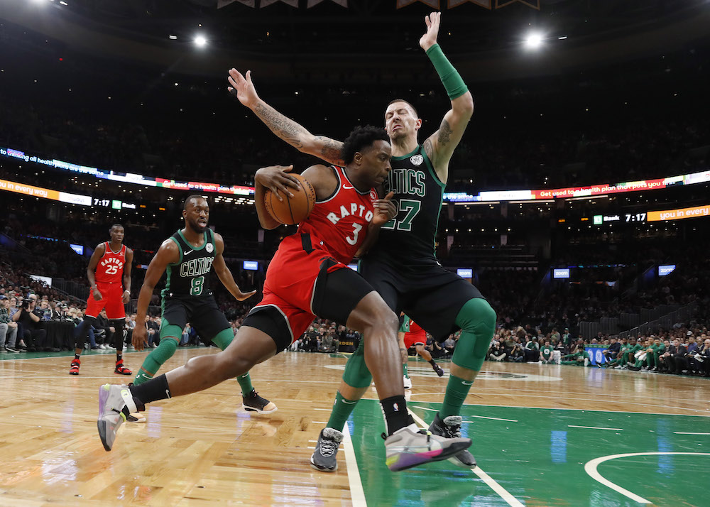 Toronto Raptors forward OG Anunoby runs into Boston Celtics forward Daniel Theis during the first quarter at TD Garden in Boston, Massachusetts December 28, 2019. u00e2u20acu201d Winslow Townson-USA TODAY Sports pic via Reuters