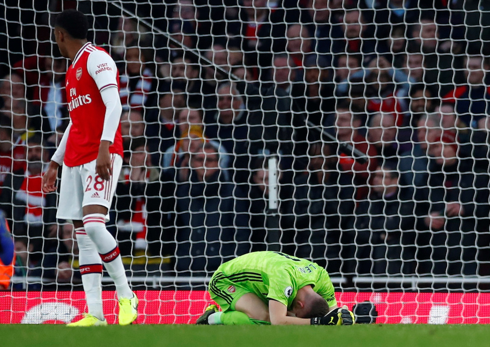 Arsenalu00e2u20acu2122s Bernd Leno looks dejected after Jorginho scored Chelseau00e2u20acu2122s first goal during their Premier League match at Emirates Stadium in London December 29, 2019. u00e2u20acu201d Reuters pic