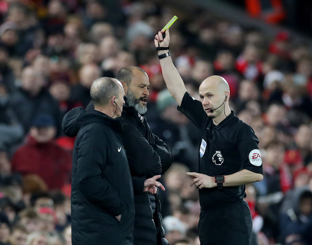 Wolverhampton Wanderers manager Nuno Espirito Santo is booked by referee Anthony Taylor during the Premier League match with Liverpool at Anfield in Liverpool December 29, 2019. — Action Images pic via Reuters