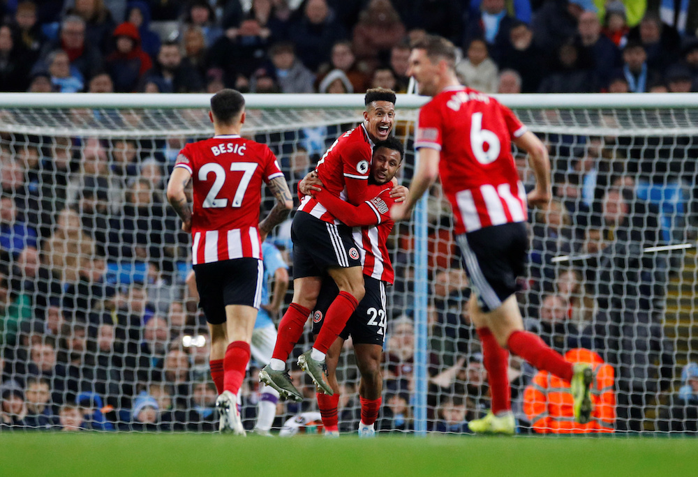 Sheffield United’s Lys Mousset celebrates scoring a goal with teammates which is then disallowed during their Premier League match with Manchester City at Etihad Stadium in Manchester December 29, 2019. — Action Images pic via Reuters