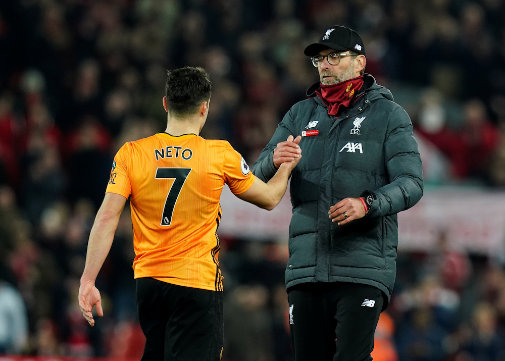 Wolverhampton Wanderers’ Pedro Neto with Liverpool manager Jurgen Klopp after their Premier League match at Anfield in Liverpool December 29, 2019. — Reuters pic