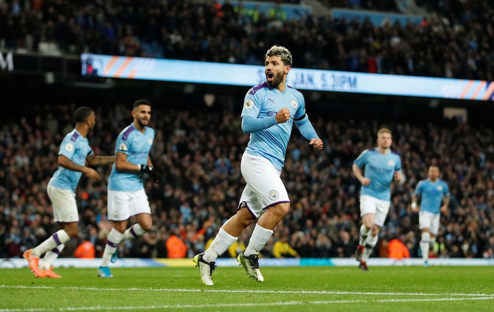 Manchester Cityu00e2u20acu2122s Sergio Aguero celebrates scoring their first goal during the Premier League match with Sheffield United at Etihad Stadium in Manchester December 29, 2019. u00e2u20acu201d Action Images pic via Reuters