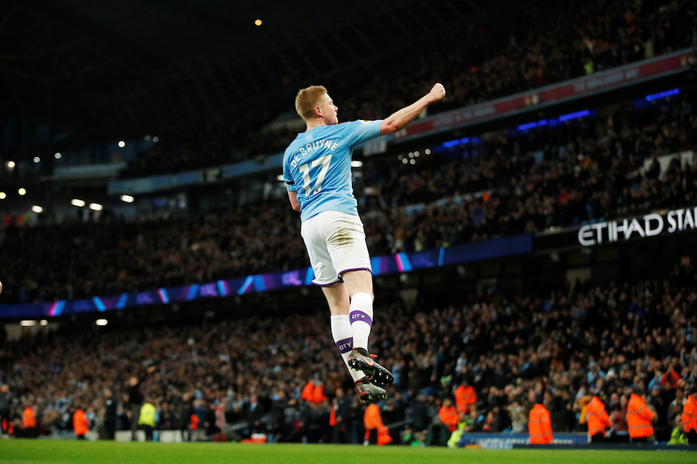 Manchester Cityu00e2u20acu2122s Kevin De Bruyne celebrates scoring their second goal during the Premier League match with Sheffield United at Etihad Stadium in Manchester December 29, 2019. u00e2u20acu201d Action Images pic via Reuters