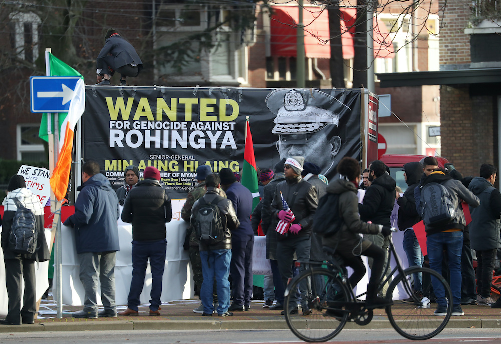 People protest outside the International Court of Justice (ICJ) during a hearing in a case filed by Gambia against Myanmar alleging genocide against the minority Muslim Rohingya population, in The Hague, Netherlands December 10, 2019. u00e2u20acu201d Reuters pic