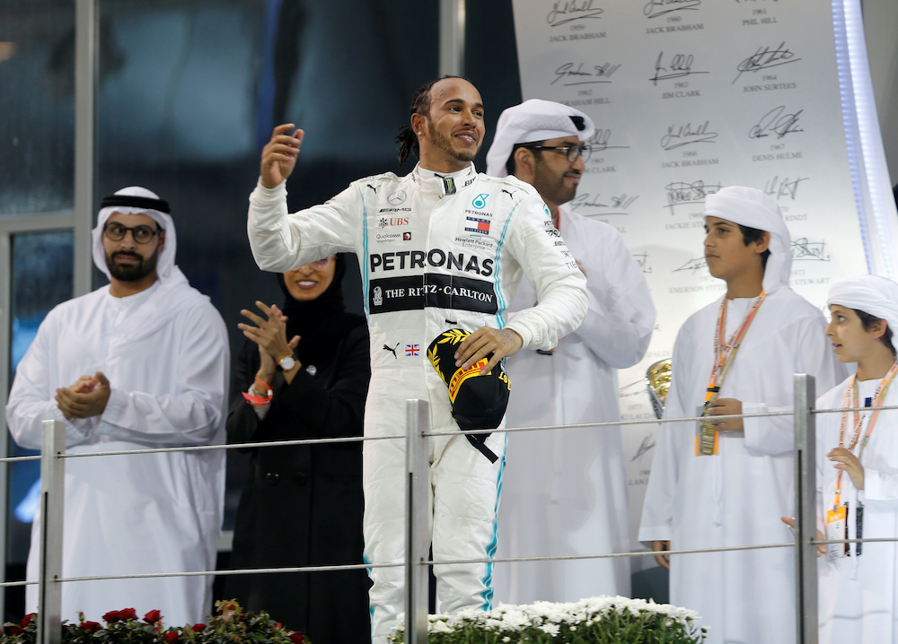 Mercedes' Lewis Hamilton celebrates after winning the Abu Dhabi Grand Prix  December 1, 2019. u00e2u20acu201d Reuters pic