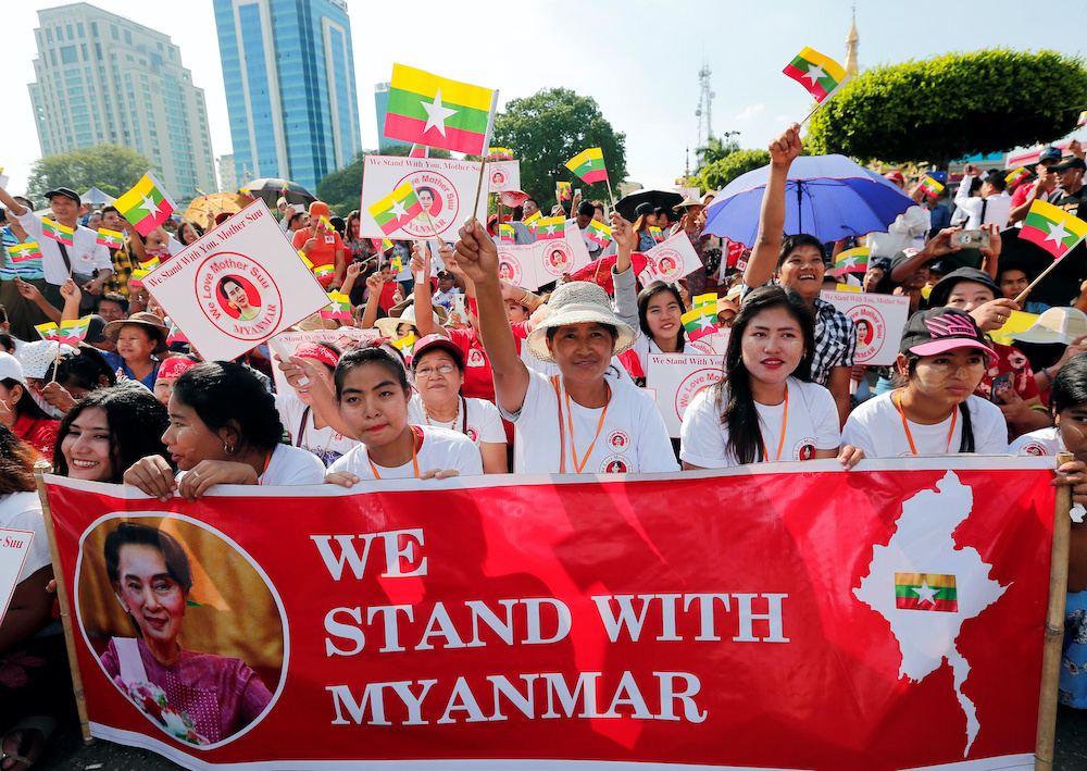 People gather to rally in support of Myanmar State Counsellor Aung San Suu Kyi before she heads off to the International Court of Justice (ICJ), in Yangon December 1, 2019. u00e2u20acu201d Reuters pic