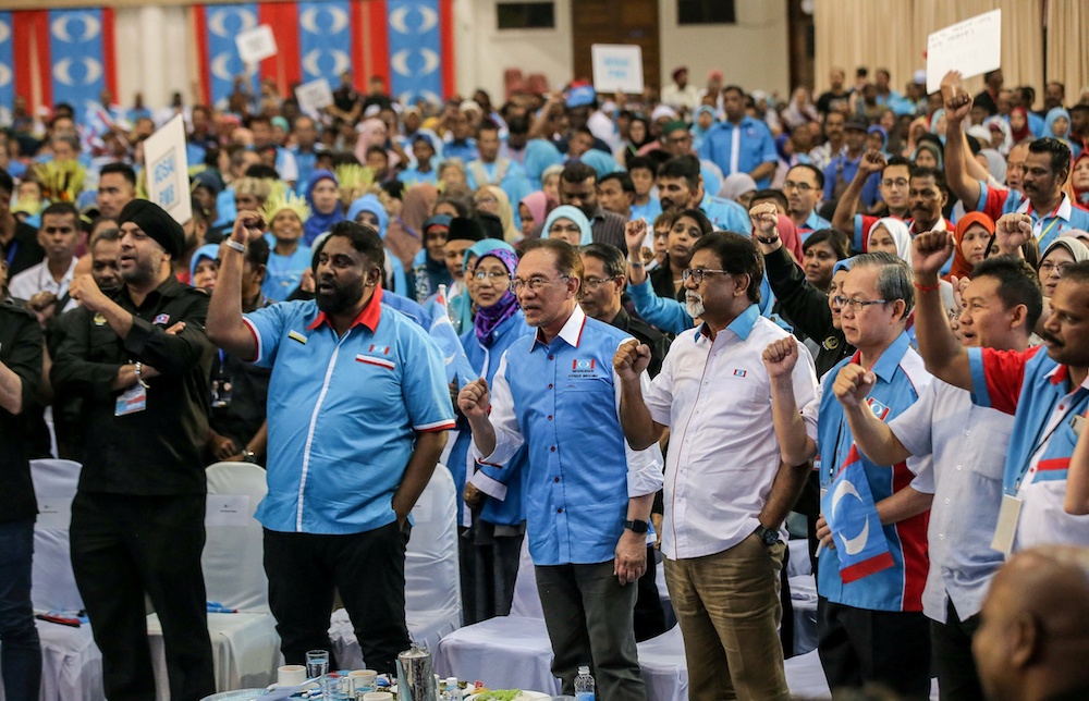PKR president Datuk Seri Anwar Ibrahim and other party leaders attend the Perak PKR Convention in Kuala Kangsar December 3, 2019. — Picture by Farhan Najib