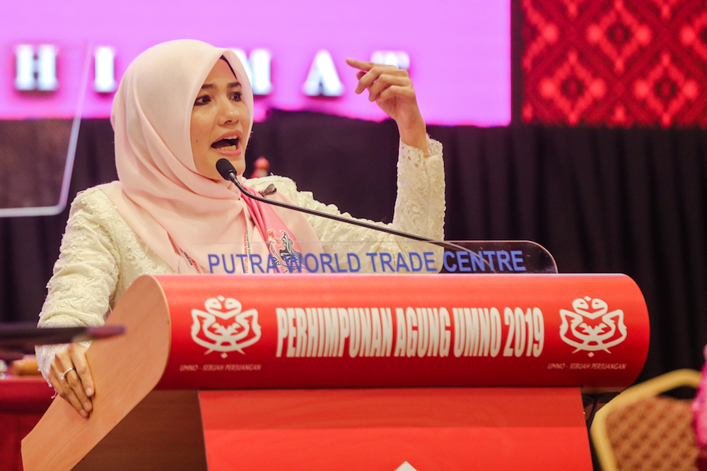Puteri Umno chief Datuk Zahida Zarik Khan speaks during the 2019 Umno General Assembly at Putra World Trade Centre in Kuala Lumpur December 5, 2019. u00e2u20acu201d Picture by Firdaus Latif