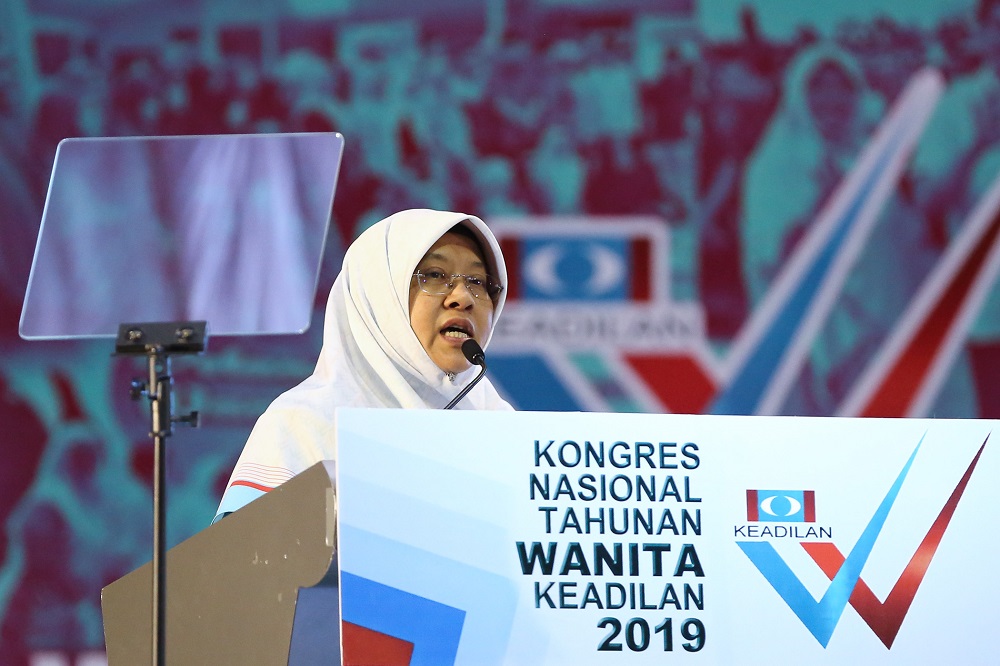Wanita PKR chief Haniza Mohamed Talha delivers her speech during the opening of the 2019 PKR Women and Youth National Congress in Melaka December 5, 2019. — Picture by Yusof Mat Isa